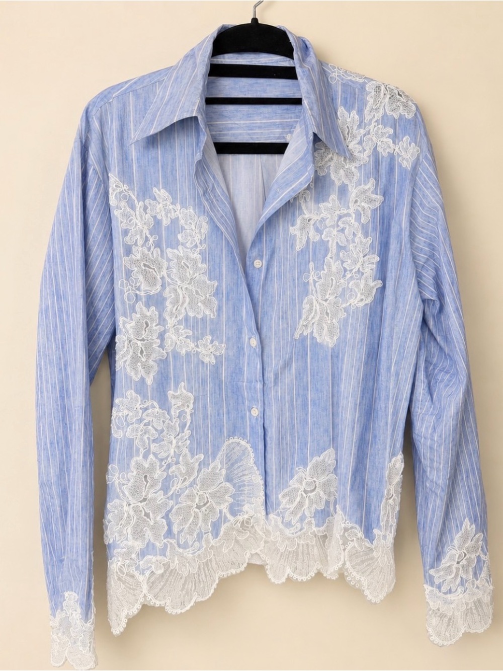 Blue Striped 3D Floral Lace Cotton Statement Shirt - Size M